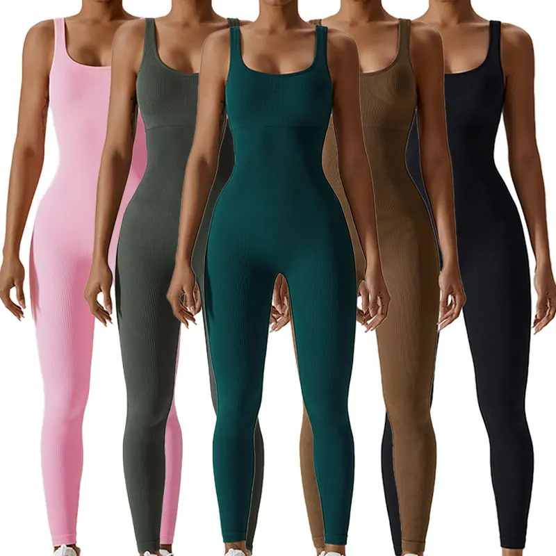 Wholesale One Piece Ribbed Workout Outfits Exercise Seamless Tight Fitting Bodycon Yoga Jumpsuit