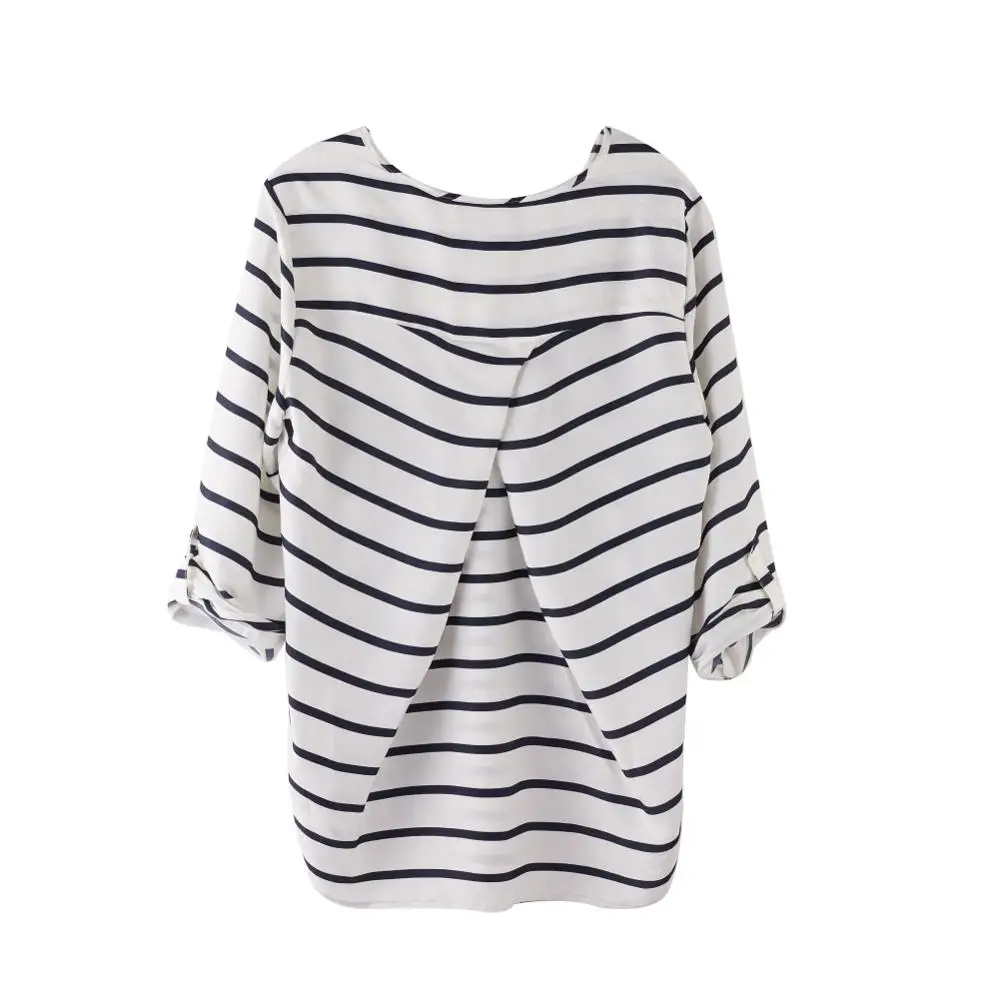 
2020 hot office ladies long contrast color striped 3/4 sleeve silk blouse 