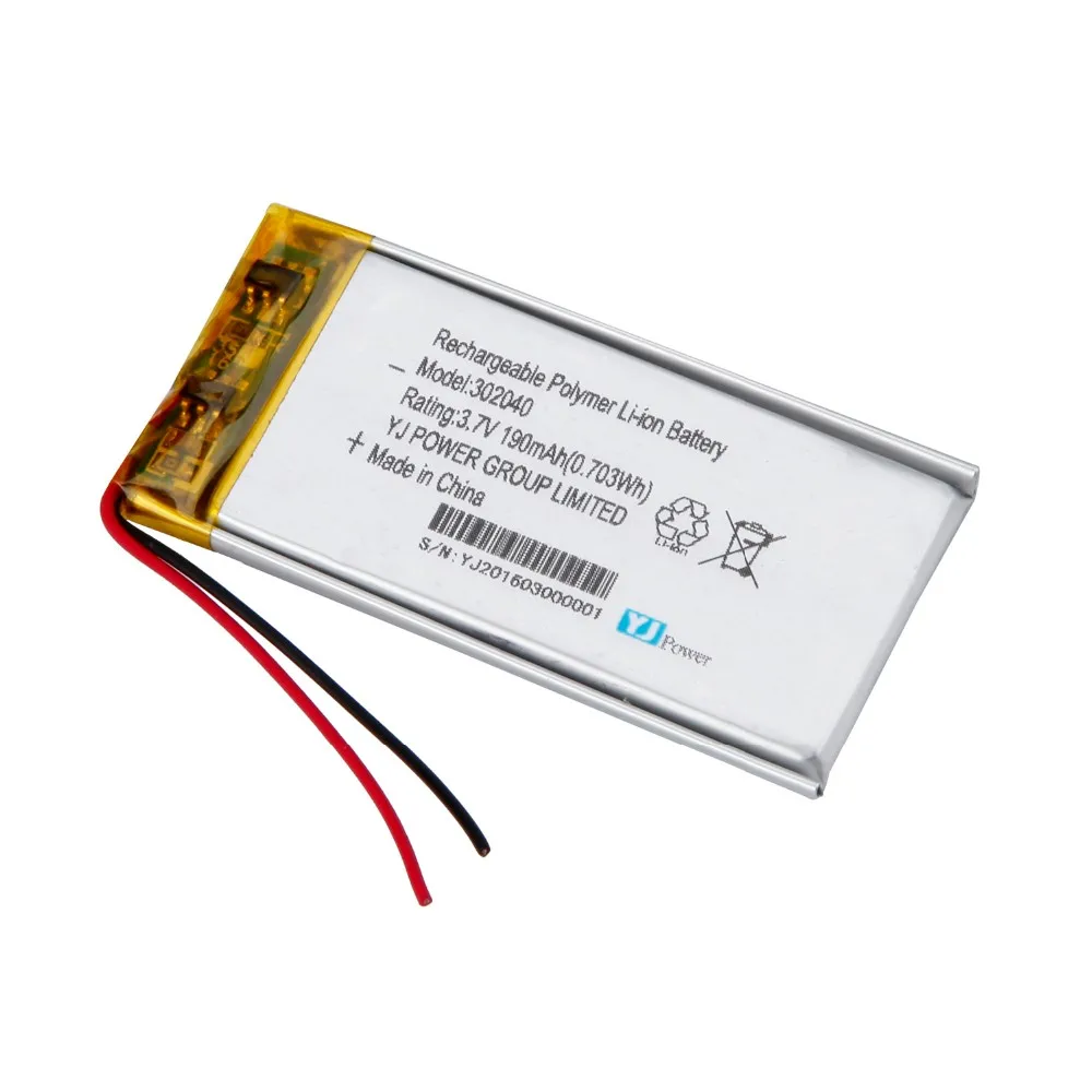 3.7V lithium polymer battery 3.7V 302040 190mah lithium ion battery For Consumer electronics