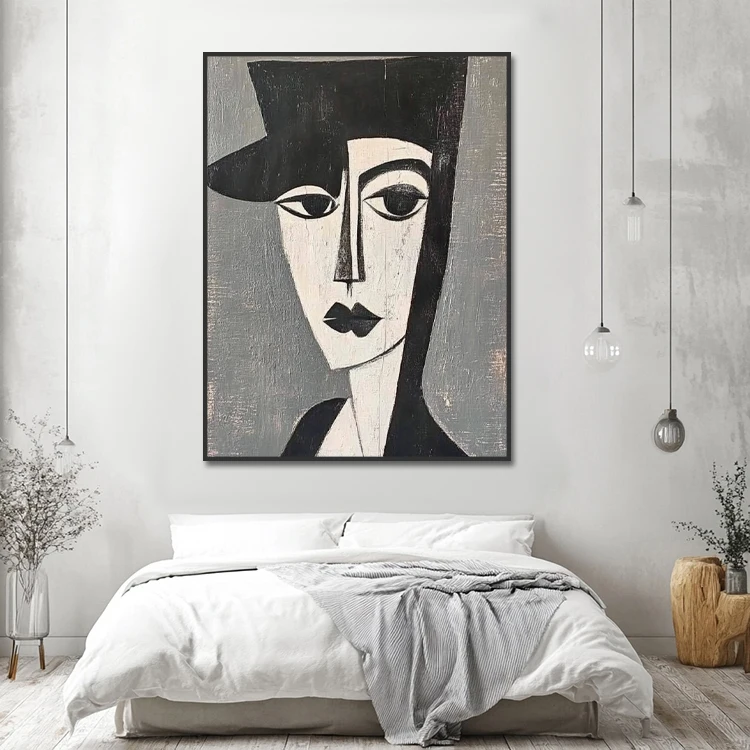 Aesthetic Home Decor Handmade Modern Black White Geometric Woman Face Painting Cubist Portraits Wall Art