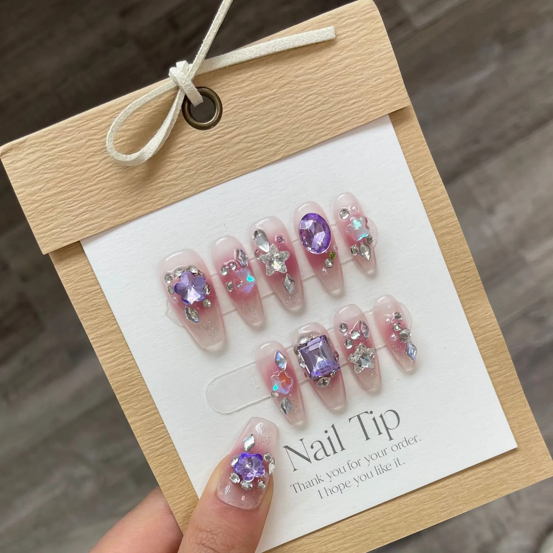 Pink Purple Rhinestone Luxury Long Press On Full Cover Fake Artificial False Nail Tips Kit Women Beauty Fake Hand Manicure Set