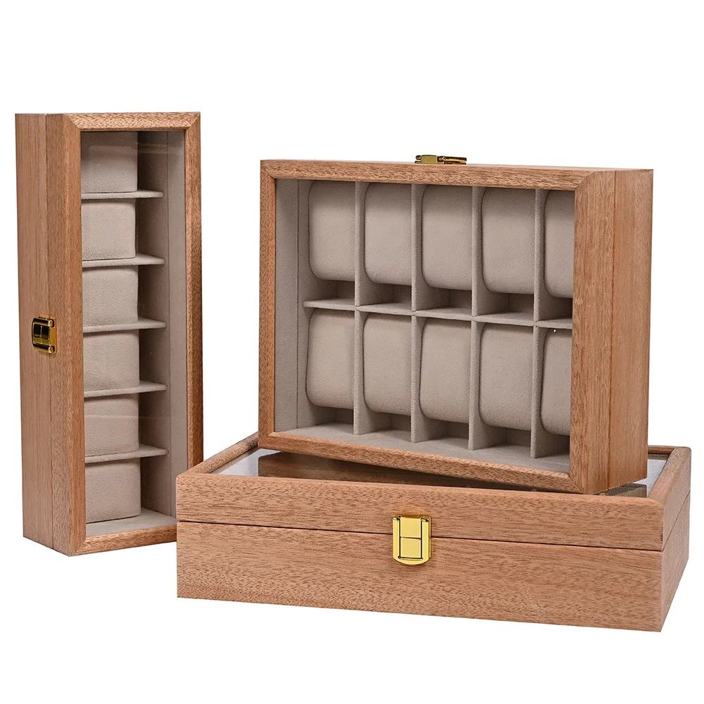 Eco-freindly wood box watches case with glass window gold lock grey velvet lining