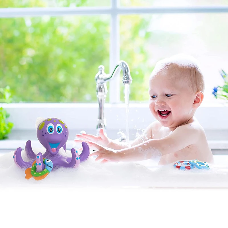 Toddler floating soft octopus comfort toys with 5 throwing circle hoopla rings interactive bath toy for baby bathroom play sets