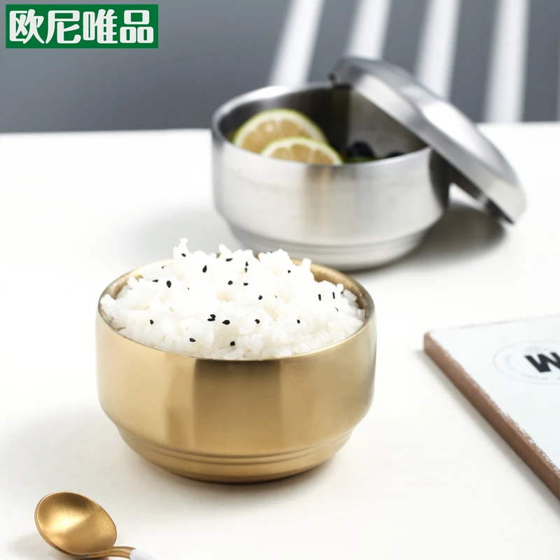 
304 Korean style double layer stainless steel rice bowl with cover Golden Korean household soup bowl anti-hot children insulatio 