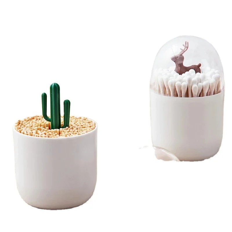 Toothpick Dispenser Cotton Swab Box Table Decoration Cute Cartoon Plastic Organizer Jar with Clear Lid for Living-room Home 80g