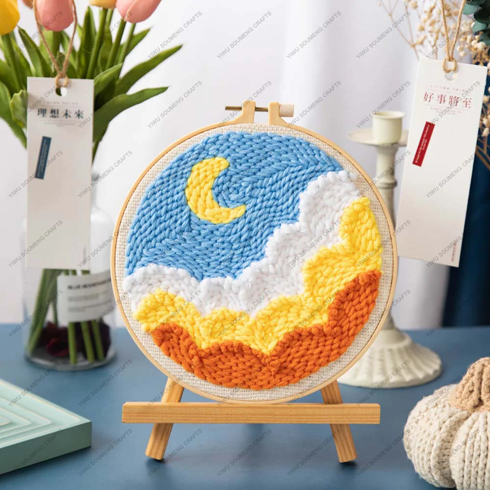 Handmade DIY Poke Embroidery Seascape Moon Cross Stitch Poke Embroidery Hoop Punch Needle Embroidery Kit For Beginners