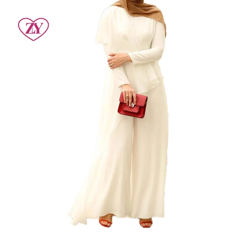 White Muslim Jumpsuit Easy-wearing with Waist Belt Embellished Stones Modest Islamic Attire Gown Abaya Hijab Dresses Not Lined