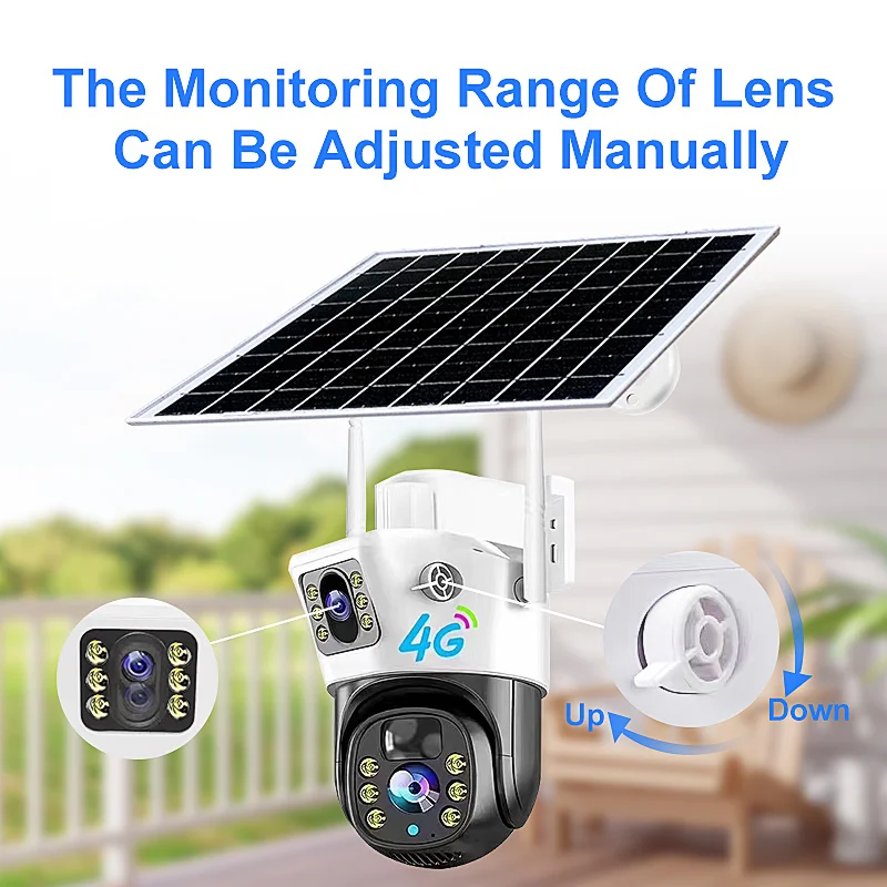 4MP Dual Lens Indoor Security Camera 4G SIM Wifi Cloud Connectivity 2 Color IP PTZ Solar Battery Powered Micro SD Card Outdoor