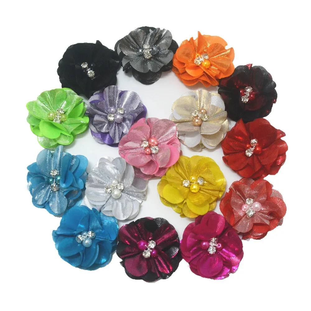 50pcs/lot 5.5CM Shiny Metallic Fabric Flower with Rhinestone girls headbands Flowers Newborn Headwear Apparel Accessories