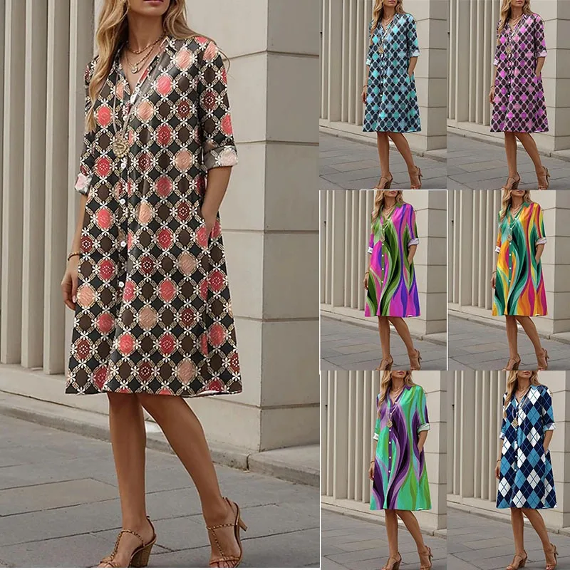 Hansilu New Multi-color Check Diamond Lattice Mosaic 3D Digital Print Loose Elegant Shirt Dress for Women