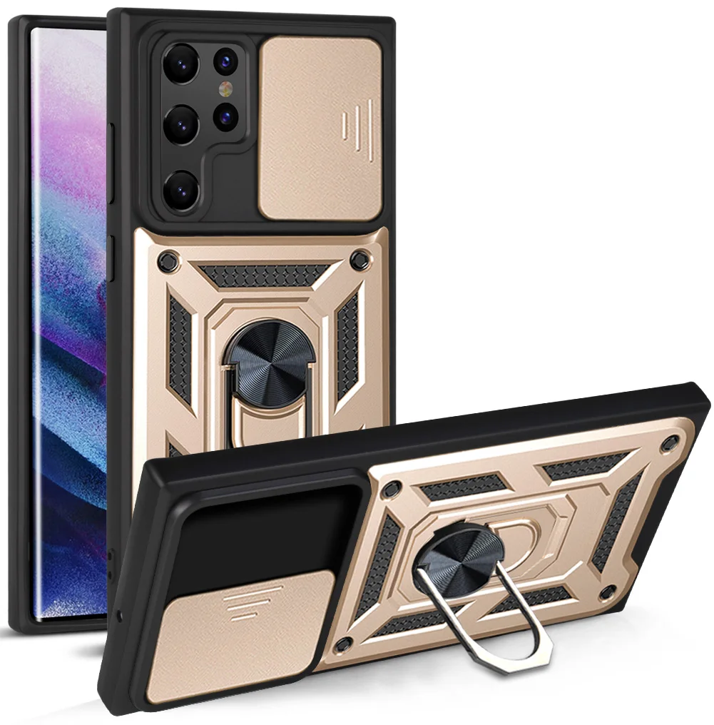 Heavy Duty Push Window Stand Armor Hybrid Shockproof Case For Samsung Galaxy S 23 22 21 Fe Ultra Plus Hard Silicone Back Cover