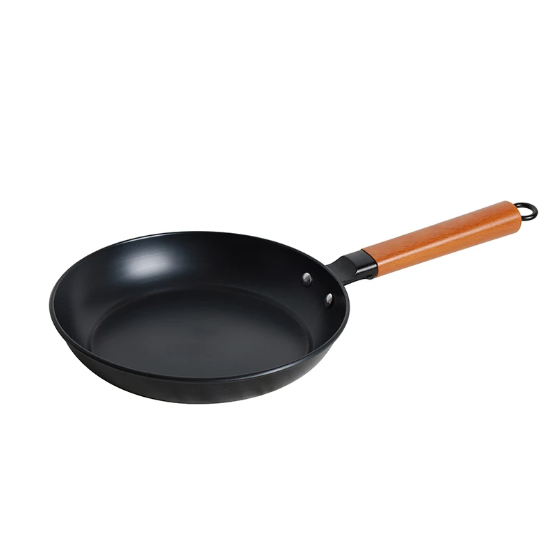 Wholesale 24cm Carbon Steel Nitriding Frying Pan 1.3mm Thick PFOA-Free Preseasoned  For Kitchen with Wooden Handle