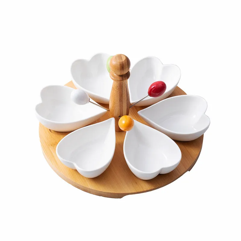Eco-friendly tableware food grade porcelain snack bowls with bamboo handle and food picks ceramic dry nut fruit plate