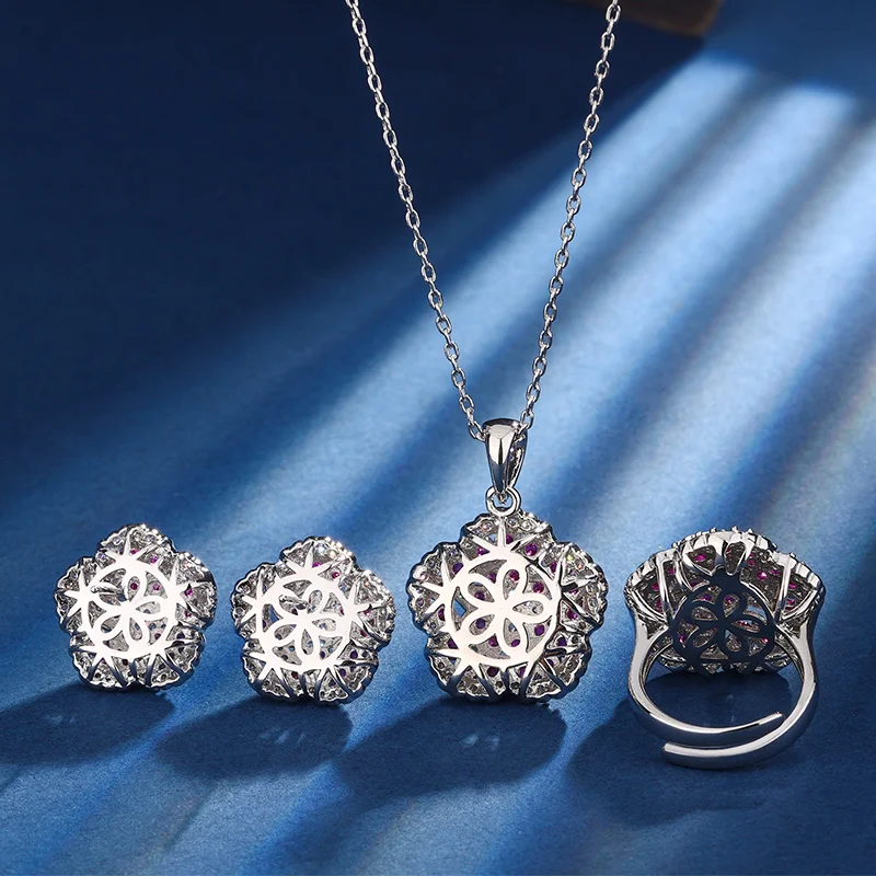 EYIKA Luxury Designer Wedding Flower Jewelry Set Party Bridal Zirconia Rings Full Diamond Big Flower Ring For Women