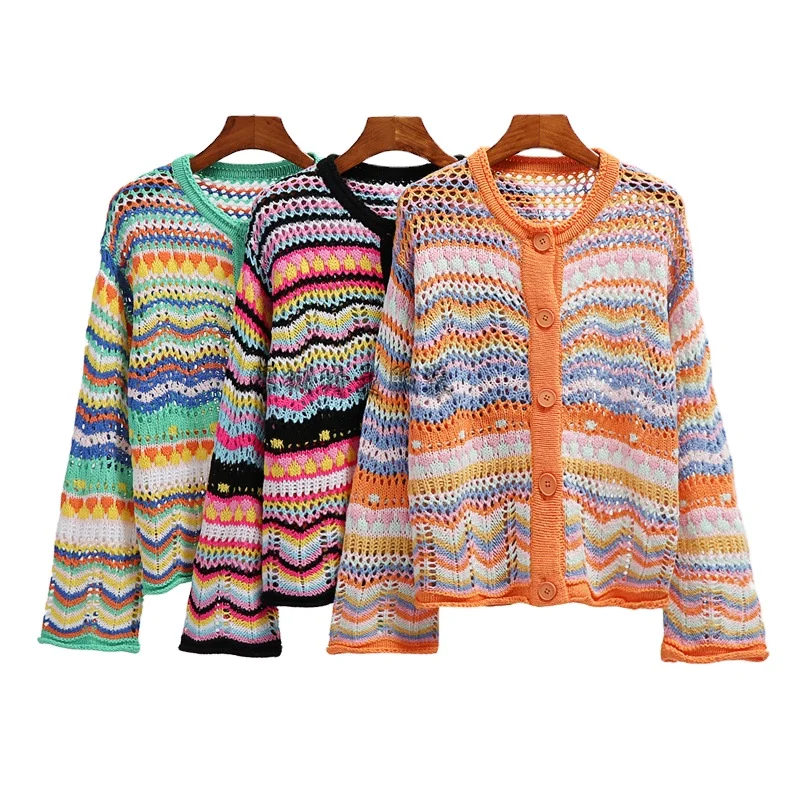 Women Cardigan Sweater Knitting Striped Buttoned Sweater Crochet Rainbow Sweaters