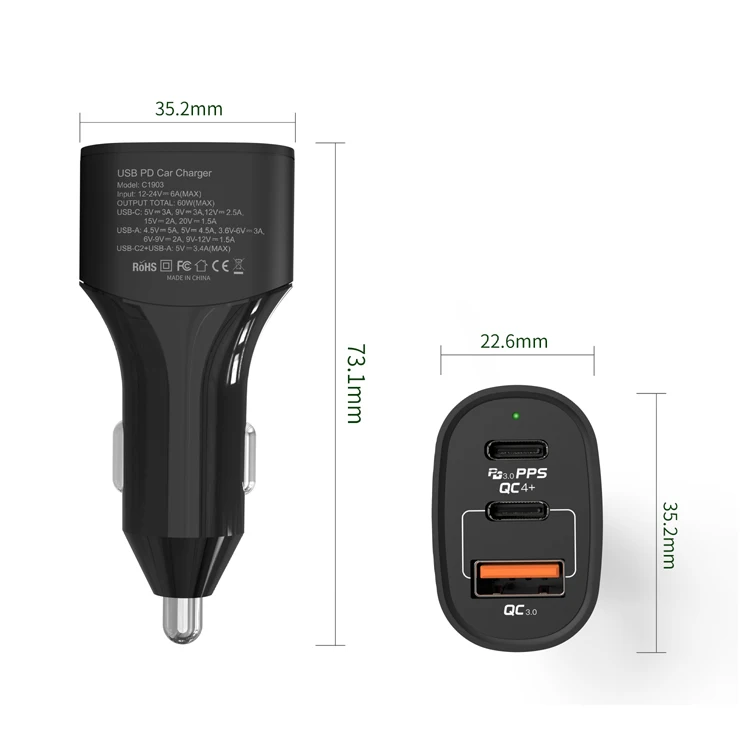 3 port 60W USB C PD Car Charger, Dual 30W PD Ports and 18W QC 3.0 Adapter Fast Charging laptop/ Phone 11 Pro Max/XS