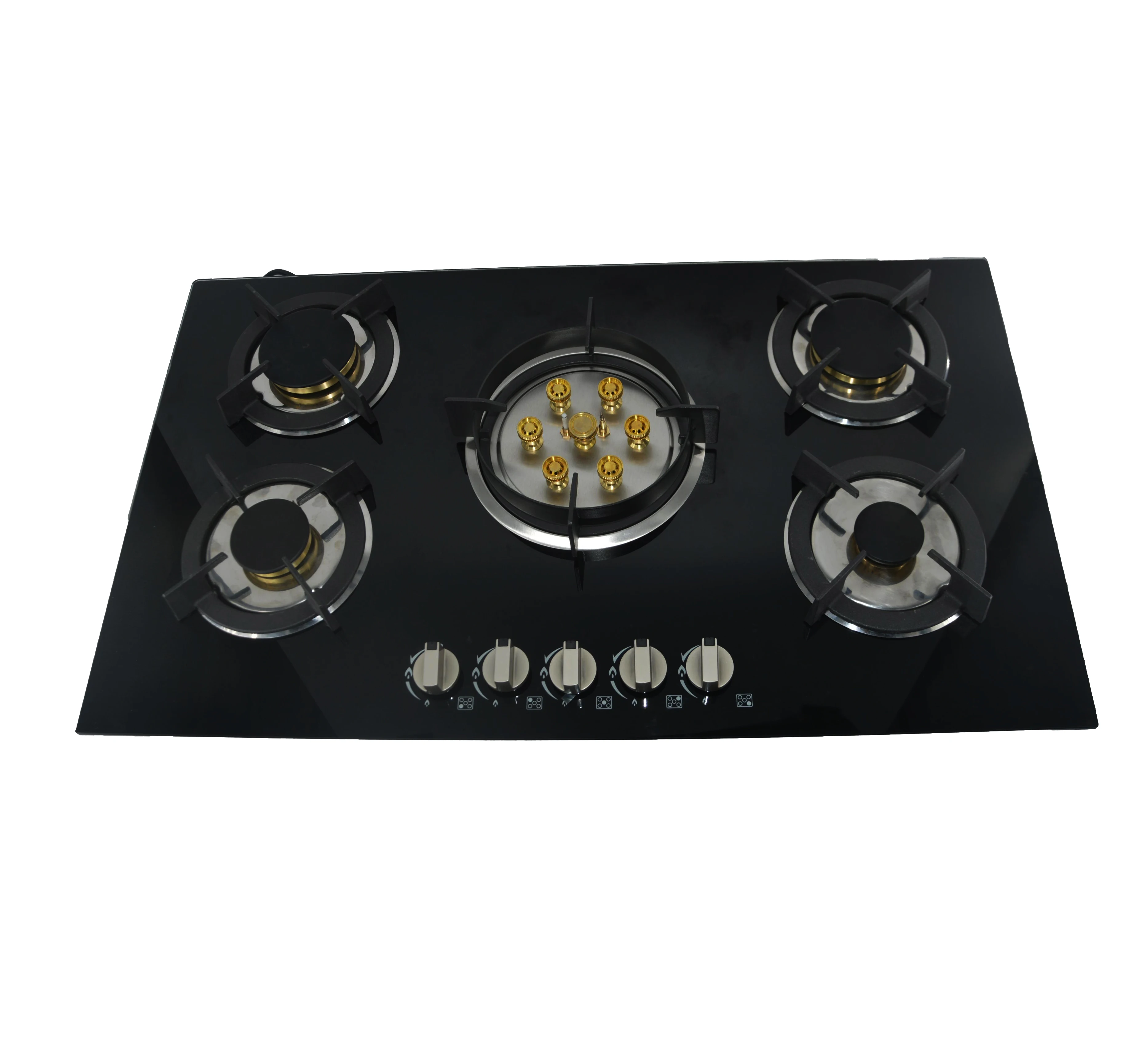 Black Kitchen Gas Cooktop with Glass Panel and Manual Ignition for Home & Hotel Use Features Ceramic Surface and 5 Cookware