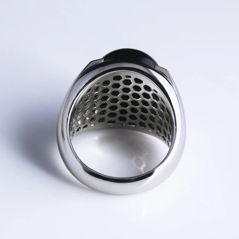 Custom Vintage Simple White Gold Natural Gemstone Rings For Man Laboratory Diamond 925 Sterling Silver Black Agate Male Ring
