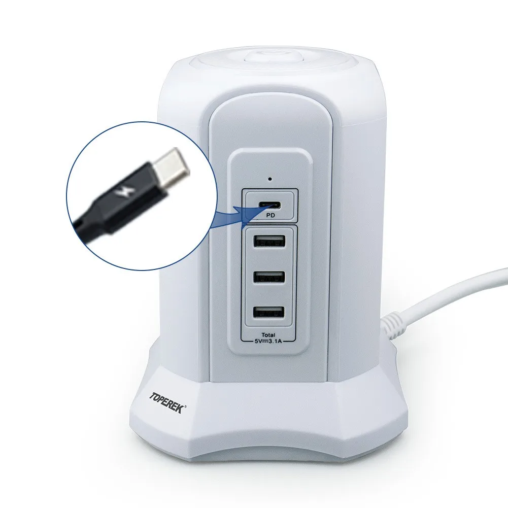 Ali Hot US Standard Popsocket Smart Power Strip With USB-C PD18W Fast Charging White Color