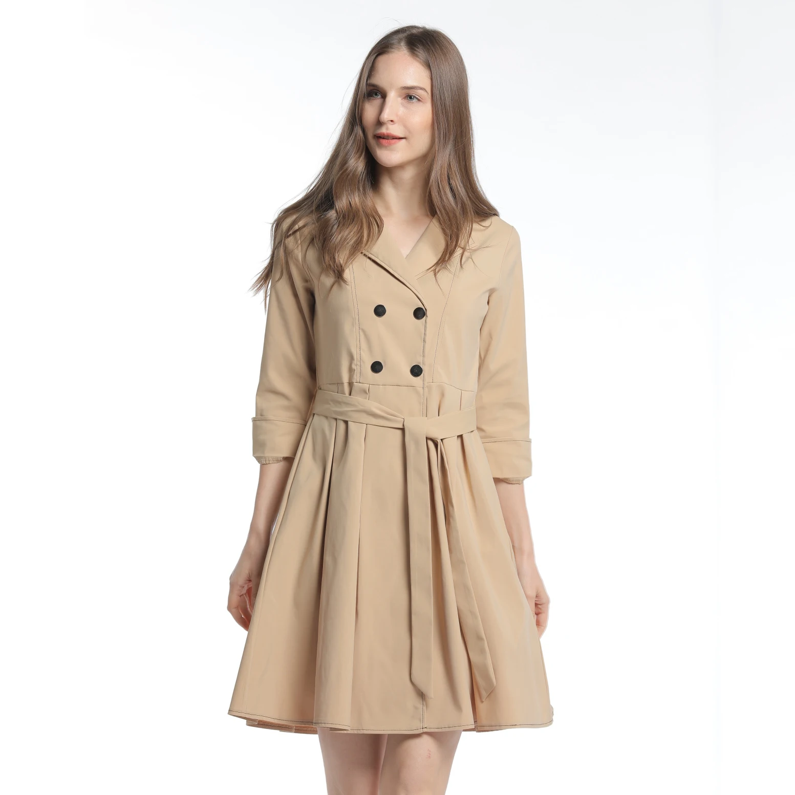 
Fabric Women Clothes Career Pencil Dress with Waist Belt Slim Fitting turn down collar Neck long sleeve Office lady clothes 