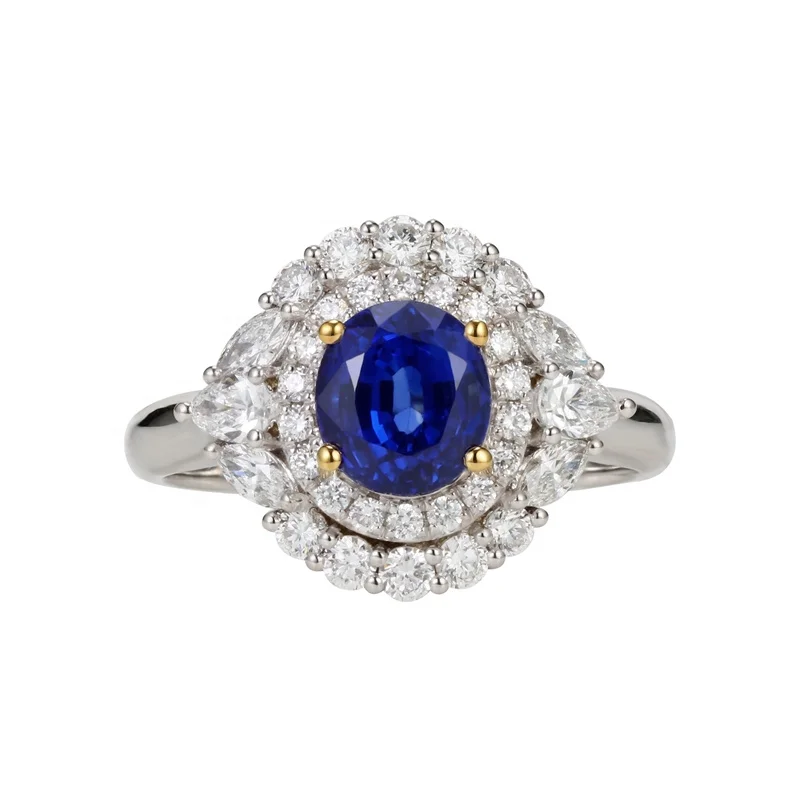 
Fancy Designs 14K/18K White Gold Oval Cut Big Nature Sapphire Engagement Ring Halo Moissanite Rings 