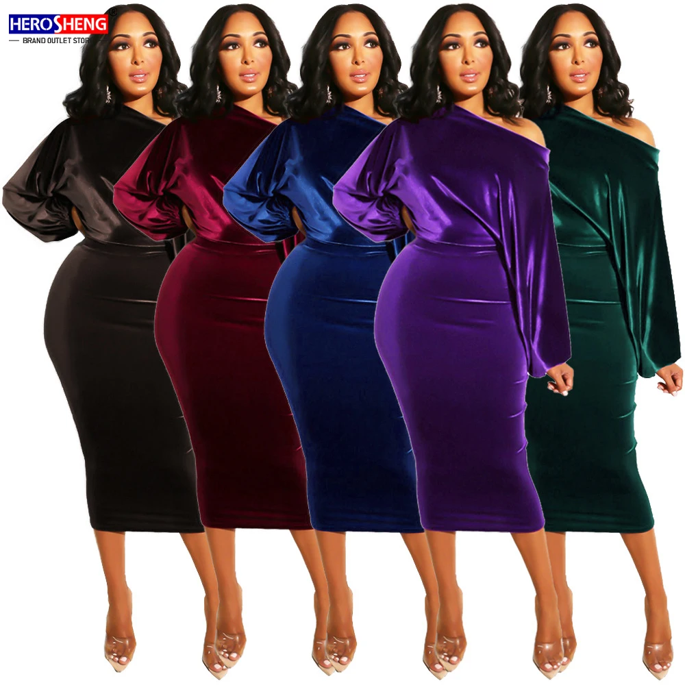 Woman dresses new arrival Long Sleeve Fashion Nightclub One Shoulder velvet dress Plus Size Woman Casual Evening Dresses