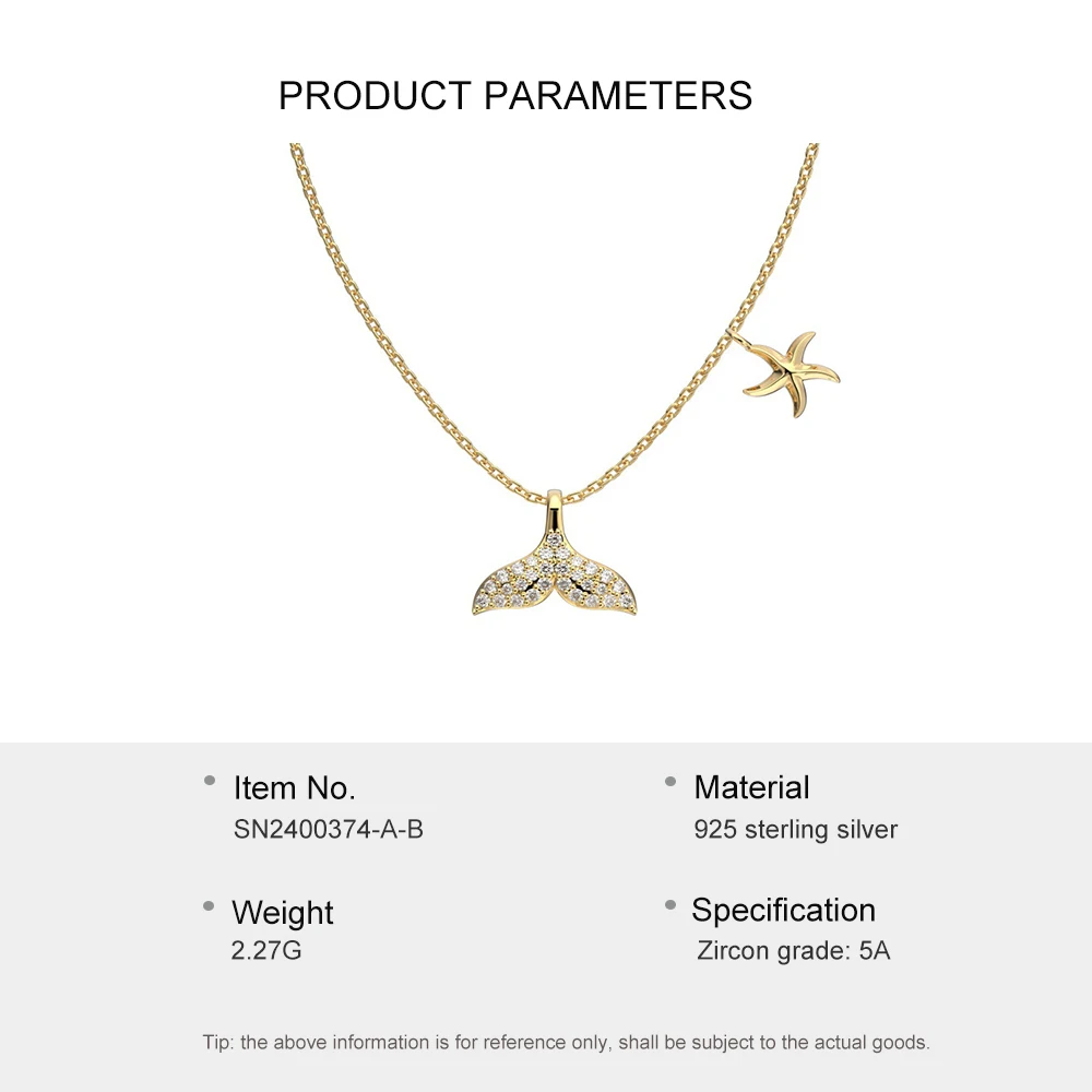 ACME S925 Silver Star Micro Paved Zircon Chain Gold Plated Mermaid Fish Whale Tail Charm Dolphin Necklace Sparkling  Pendant