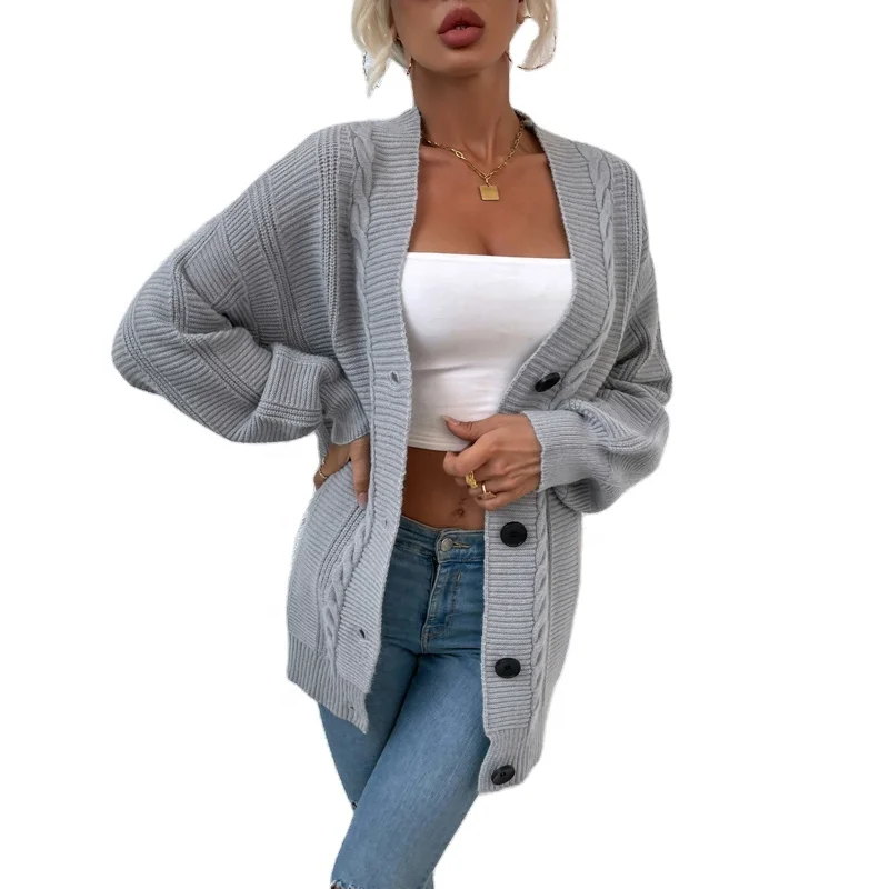 Factory Wholesale single-breasted solid color stripe twist knitted long sweater cardigan women