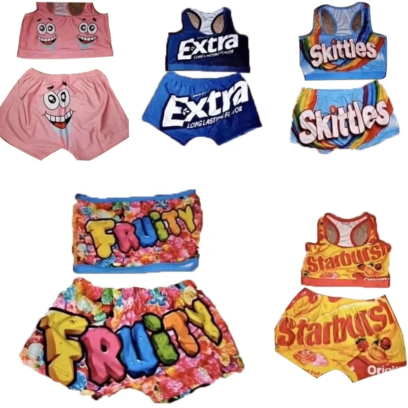 
2021 hot selling printed customized candy shorts 2 piece women snack shorts sets 