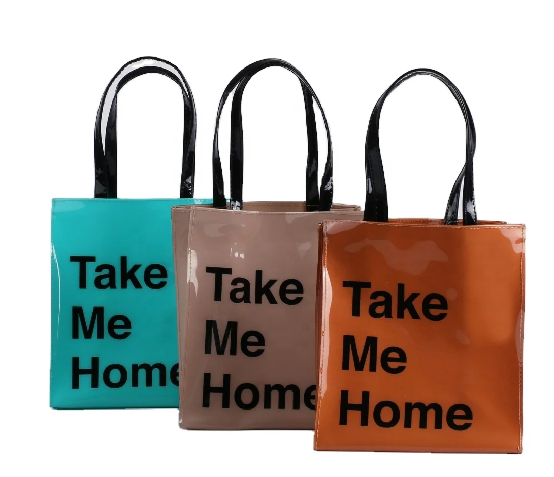 Fashion custom logo printing waterproof plastic gift shopping handbag glossy pvc shoulder tote bag