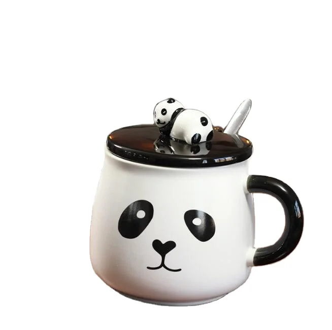 High quality Korean Style cartoon cute panda Ceramic coffee milk Mug with Cover and Spoon