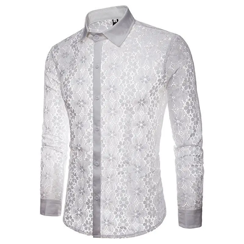 Summer Clothing Casual Texture Crotchet Button Up Lace Shirt Custom Mens Fashion Short Sleeves Crochet Knit Shirts For Men