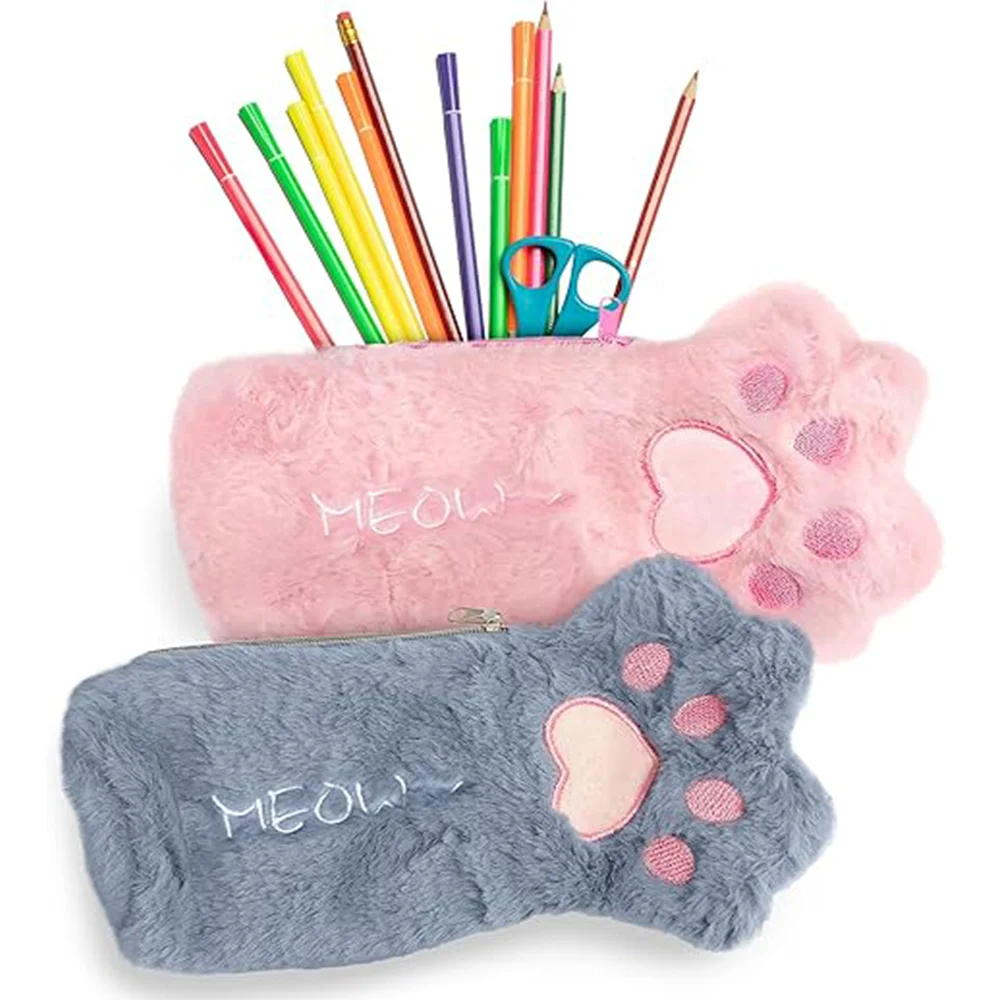 Embroidered Super Soft Fluffy Kitten Theme School Supplies Cat Paw Plush Pencil Case for Girls and Women