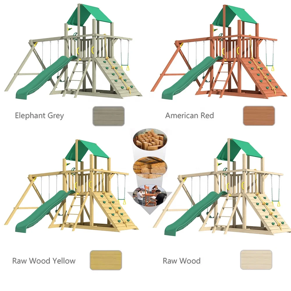 Playground Kids timber Swing And Slide Sets On Sale Patio outdoor Wood Climbing Frame Wooden Swing Set with Plastic Accessories