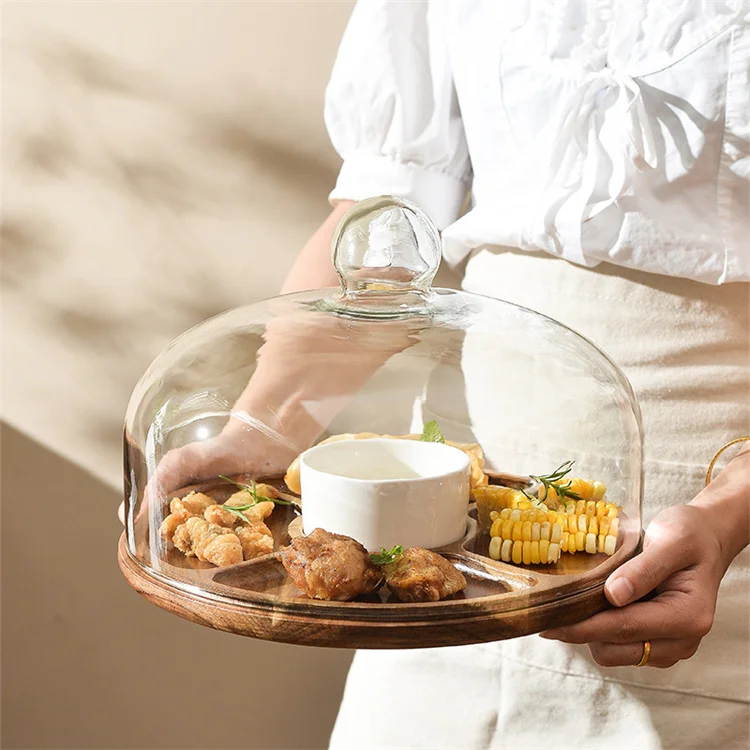 Harmony Bohemian Wooden Cake Pan with Cover Bread Fruit Serving Plate for Restaurant Cafe Bake Shop Display Cake Dome Stand Tray
