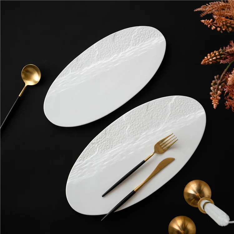 Unique Custom Logo Restaurant White Porcelain Formal Oval Dinner Sushi Plates and Dishes Set