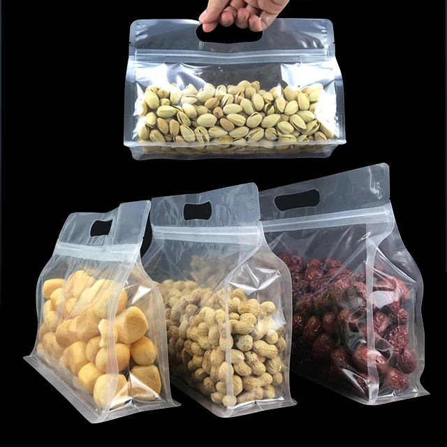 Wholesale Clear/Transparent/Matte/Frosted Flat Bottom Pouch Carry Bag with Handle Food Snack Packaging Plastic Bag