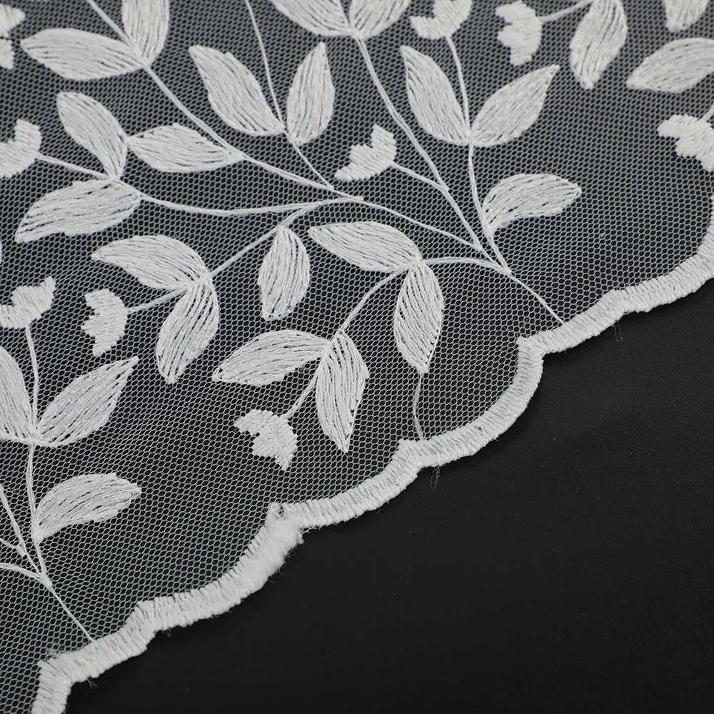 TikTok Hot-Selling Sweet Country Style White Floral Embroidered with Cotton Thread on Mesh Lace Fabric