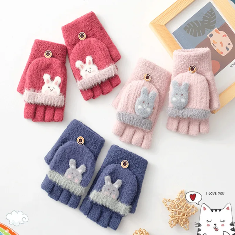 
OEM Custom Design Kids Baby Coversible Winter Warm Gloves Knit Knitted Half Finger Fingerless Mittens Cartoon Thickness 