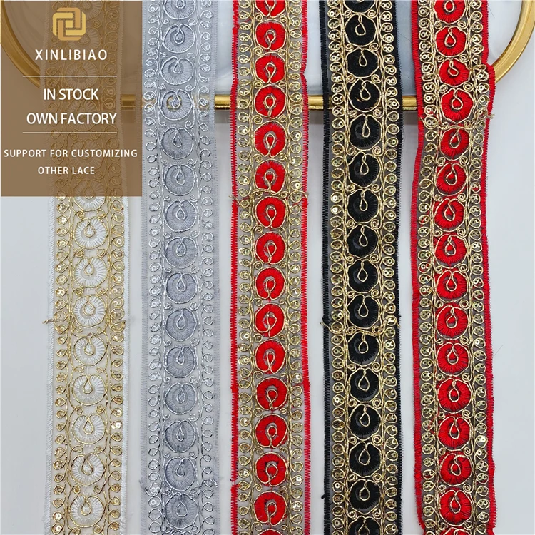Mesh Sequin Embroidery Lace Stock supply of hollowed-up garment accessories Wholesale Gold Thread embroidery bar code lace