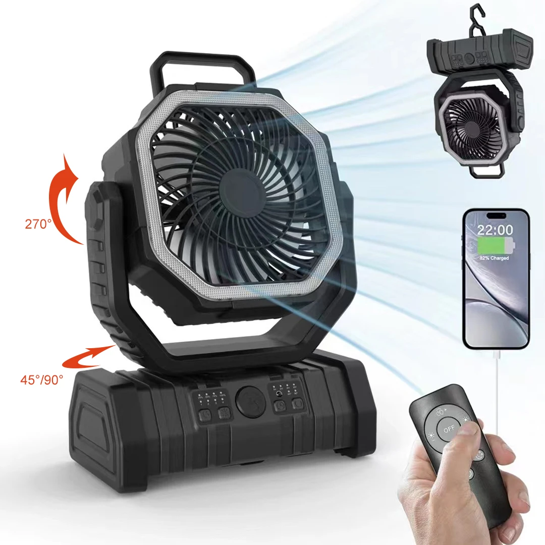 20000 10000mAh Outdoor Camping Fan with LED Lamp Hook Remote Control Rechargeable Portable Fan Rotatable Desk Fan for Car Hiking