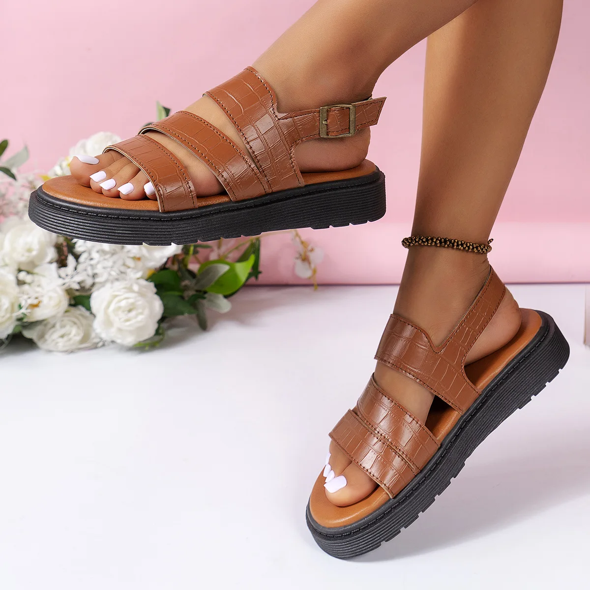 BUSY GIRL LJ4283 black brown stone print leather sandals woman shoes 2024 summer fashion platform footwear flat sandals