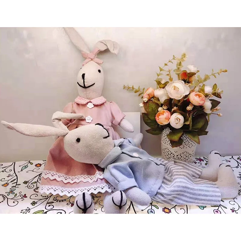 Linen rabbit cotton fabric dolls bunny with jean&cotton cloth doll baby gift