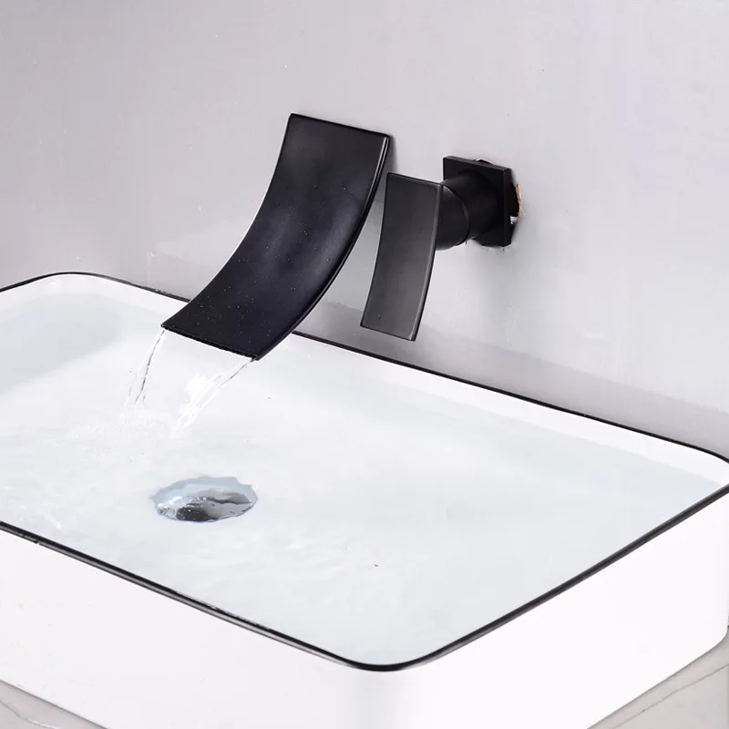 Ares Idealex Wall Mounted Copper 2 Hnadles Black Golden Waterfall Basin Sink Faucet for Bathroom Mixer Tap