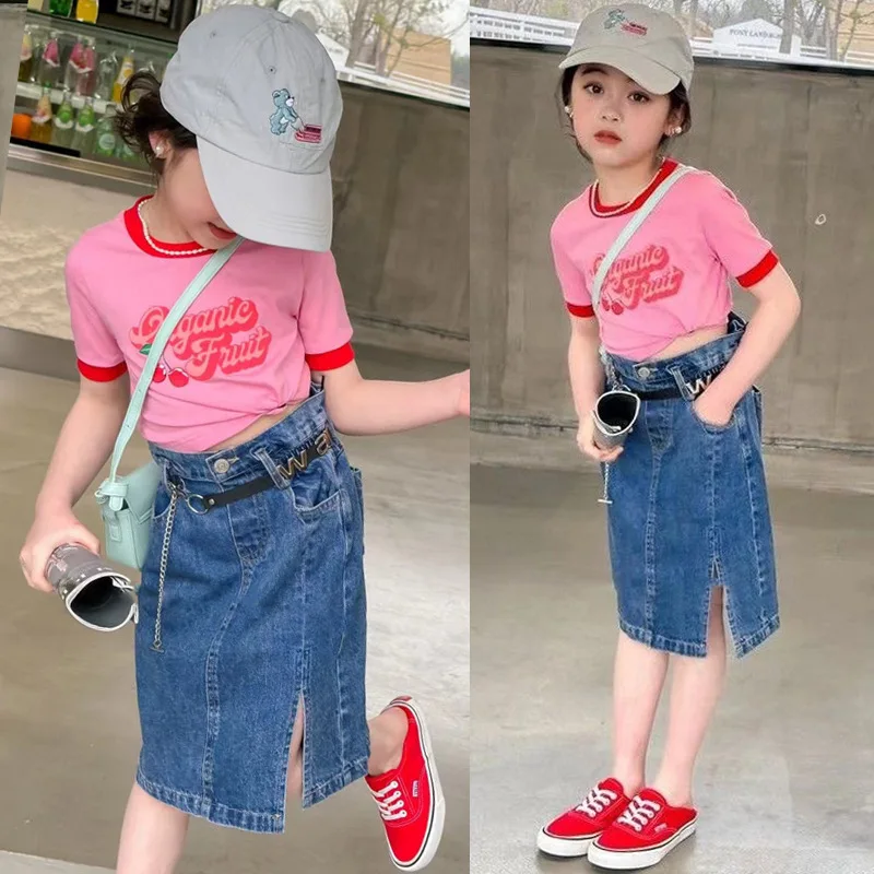 Hot Sale Summer Children Clothes Sets 120-170cm Girls Cherry Pattern Shirt And Cowboy Skirt Shorts Casual 2 Pcs Sets