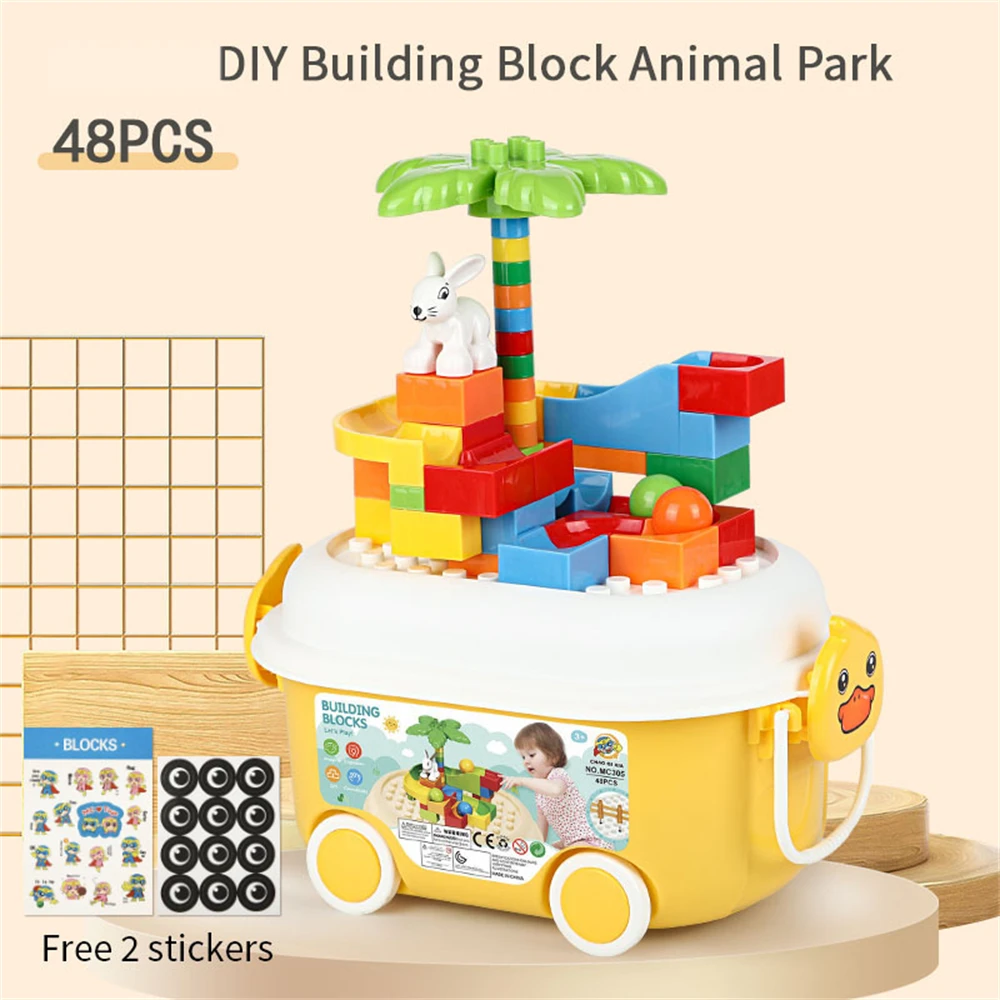 Kids STEM Education DIY Assembly Animal Park Construction Bricks Plastic Zoo Building Blocks Toys With Trailer Storage Box