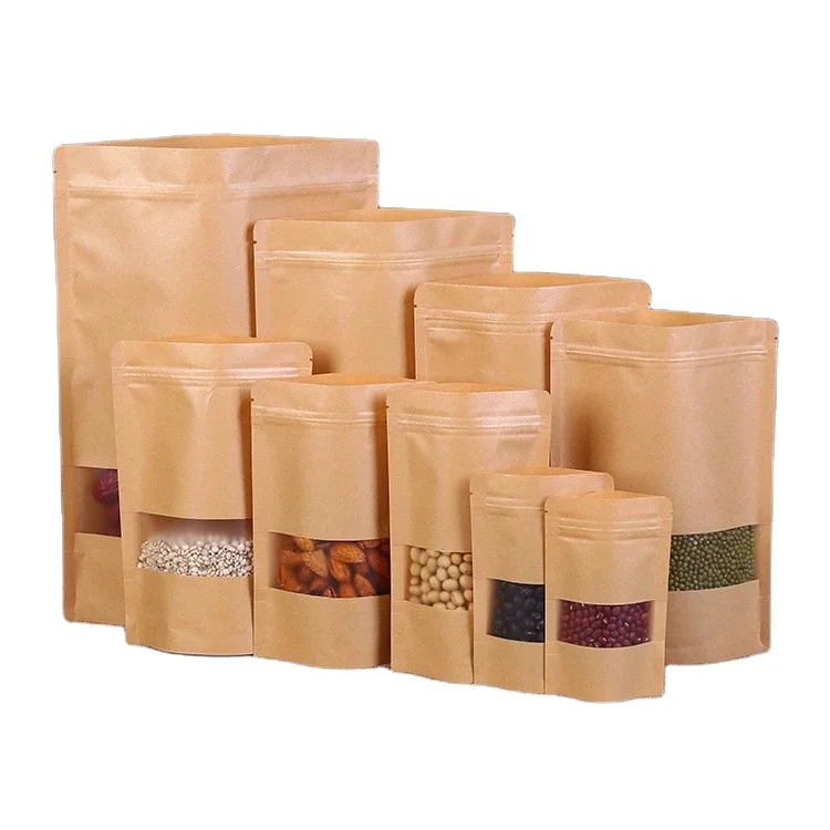 Heat Sealable Stand Up Zipper Brown Kraft Paper Resealable Ziplock Food Storage Packaging Pouches Bag
