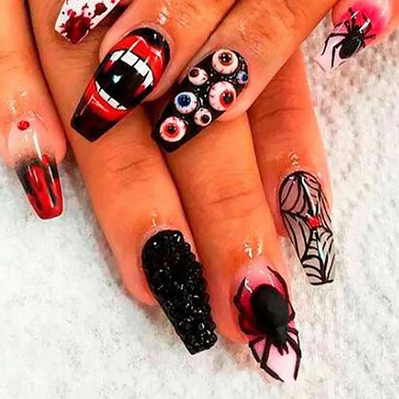 Halloween Press on Nails Long Coffin Fake Nails with Scary Eye Spider Web Bloody Designs Gothic Acrylic Nails Terror Tips