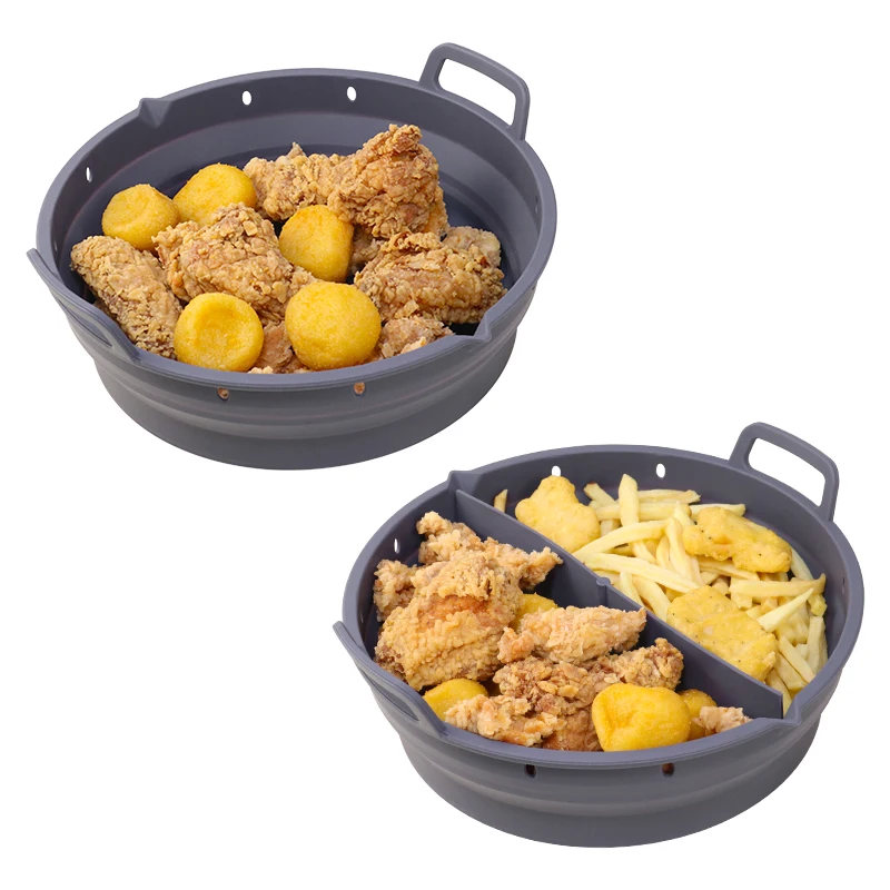 BPA Free Collapsible Round Reusable Silicone Air Fryer Basket Easy-clean Baking Mat Tray Cake Pan Air Fryer Liners Silicone Pot