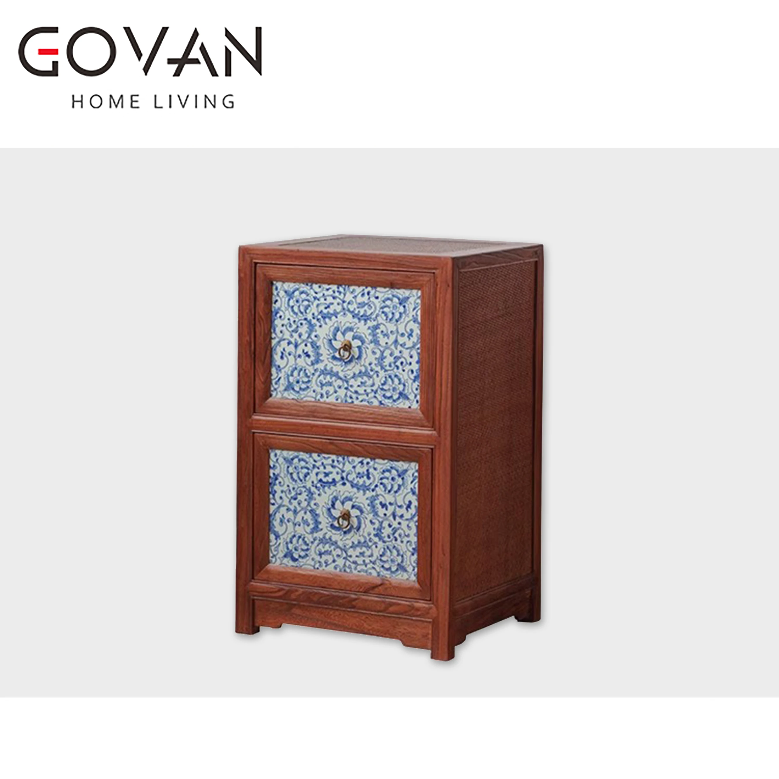2024 Wabi Sabi Classic Blue And White Porcelain Wooden Cabinet Quality Elm Wood Interior Furniture